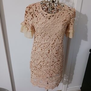 Peach Floral Lace Overlay Dress with Ruffle Sleeves